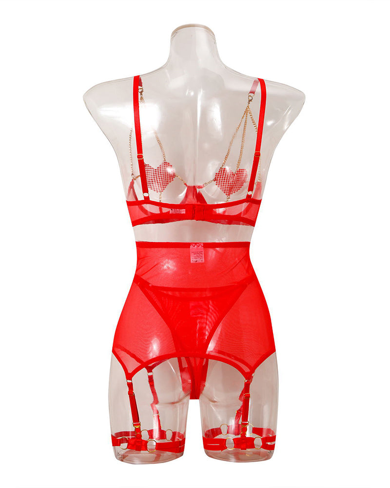 Red heart chain mesh lingerie set with diamond straps. Sexy bra, skirt, garter belt.