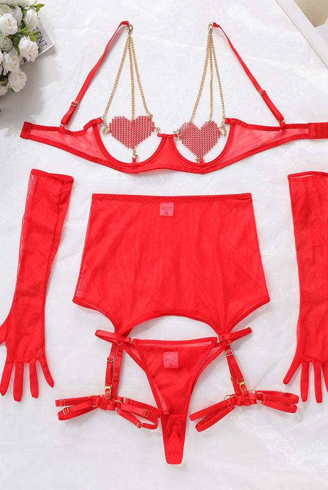 Red heart chain lingerie set. Bra, skirt, gloves, and garter belt. Enhance your confidence.