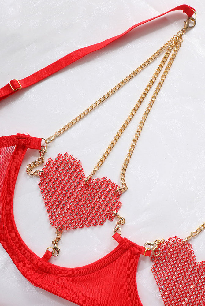 Red Love Heart Chain Mesh Lingerie Set, heart-shaped bra with diamond straps and gold chain details
