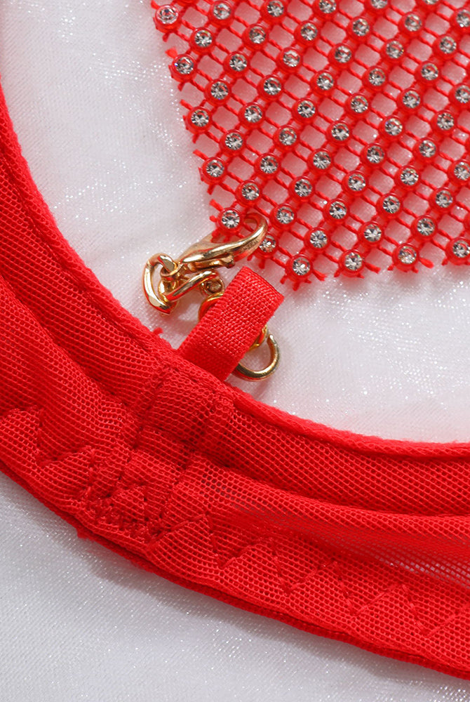 Red heart bra with diamond straps and gold chain detail from Love Heart Chain Mesh Lingerie Set