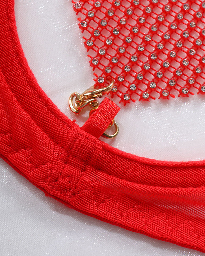 Red heart bra with diamond straps and gold chain detail from Love Heart Chain Mesh Lingerie Set