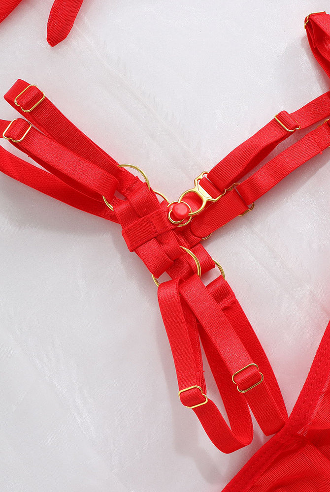 Red Love Heart Chain Mesh bra straps with gold hardware, part of a lingerie set