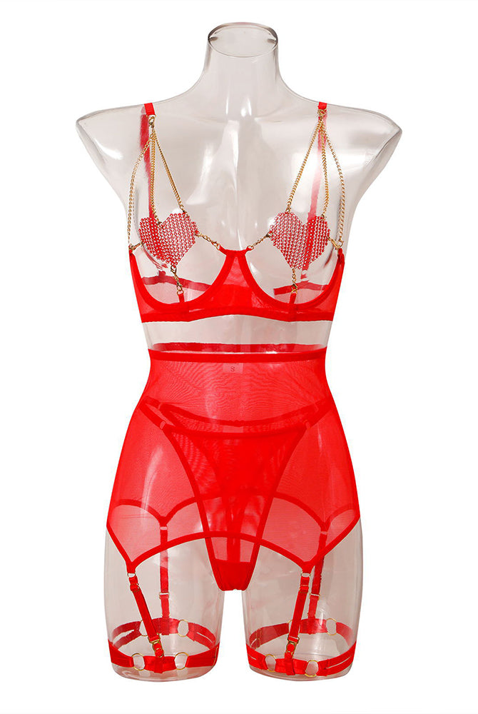 Red heart lingerie set, mesh bra, skirt, garter straps. Sexy lingerie.