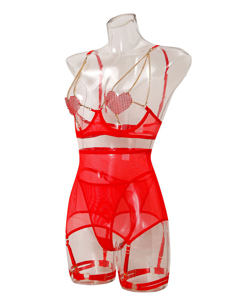 Red Love Heart Chain Mesh Lingerie Set, heart-shaped bra, skirt, and garter straps. Sexy lingerie.