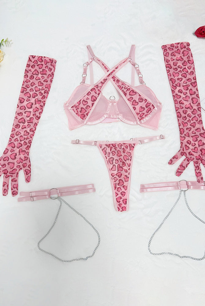 Pink leopard heart lingerie set with garter and gloves, ideal for romantic events