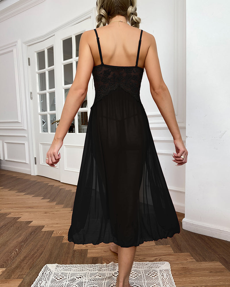 Black mesh lace side slit dress. Sheer, elegant design for romantic evenings and lingerie nights.