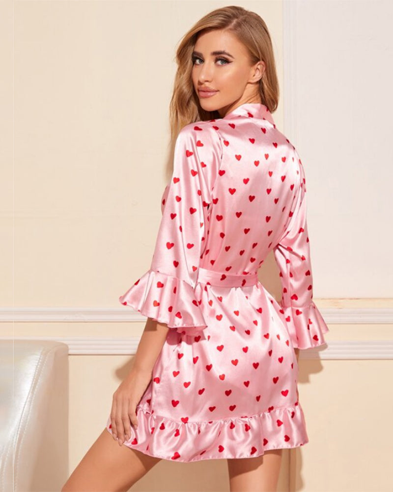 Pink satin kimono robe shorts set with red hearts, perfect for a romantic night