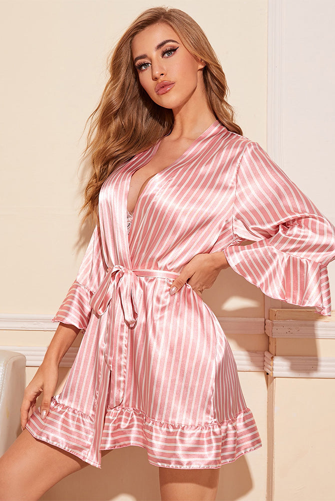 Pink satin kimono robe shorts set with white stripes, perfect for a romantic night