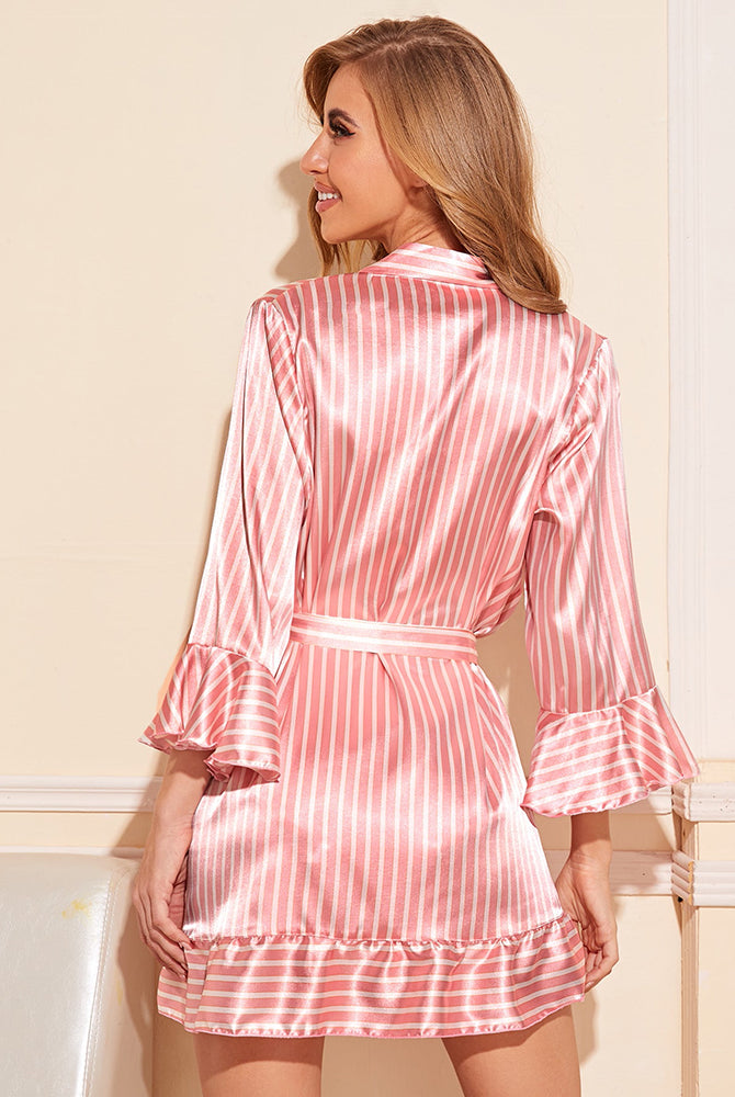 Pink striped satin kimono robe shorts set, perfect for a romantic night, comfortable and stylish.