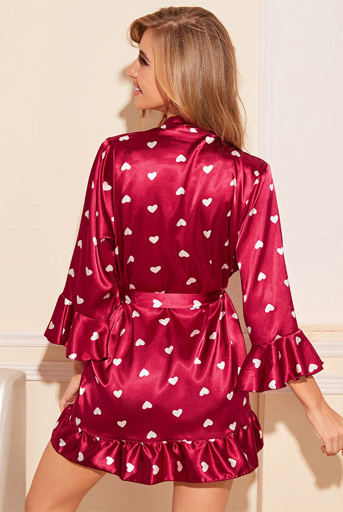Burgundy satin kimono robe shorts set with white heart print, perfect for a romantic night