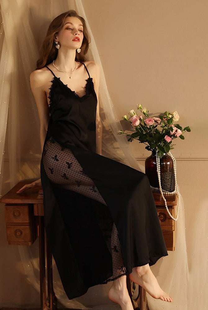 Black satin lace nightdress with adjustable straps, perfect for relaxing evenings, Avidlove