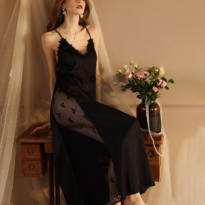 Black satin lace nightdress with adjustable straps, perfect for relaxing evenings, Avidlove