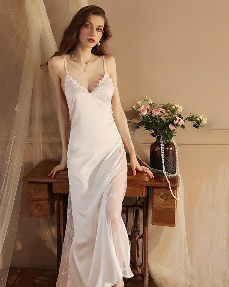 White satin lace nightdress with adjustable straps, ideal for relaxing evenings, Avidlove
