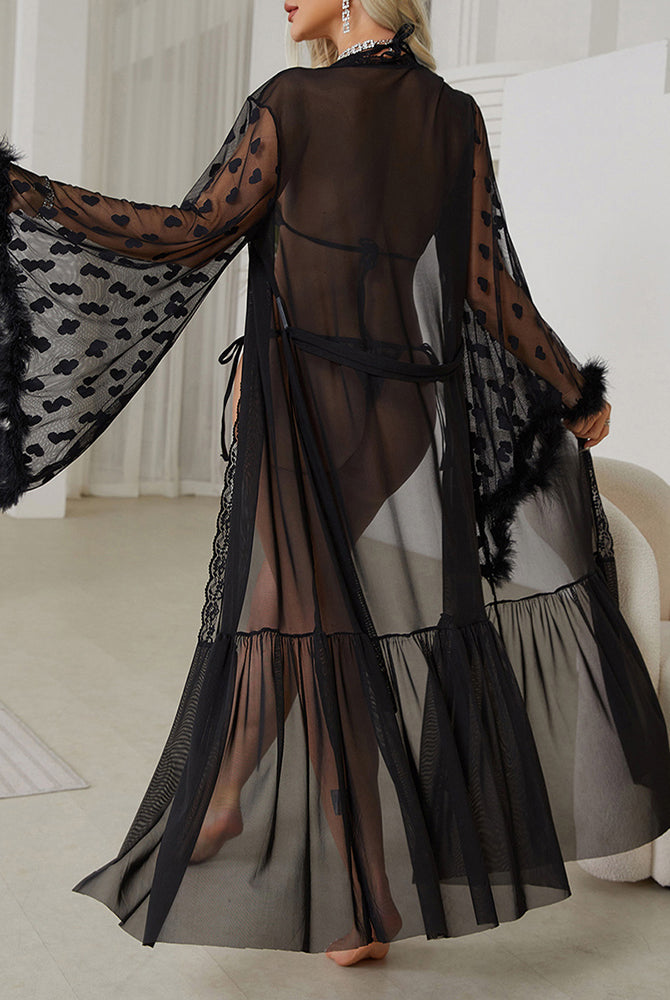 Black sheer nightgown with heart pattern, long flared sleeves, feather trim. Sexy lingerie.