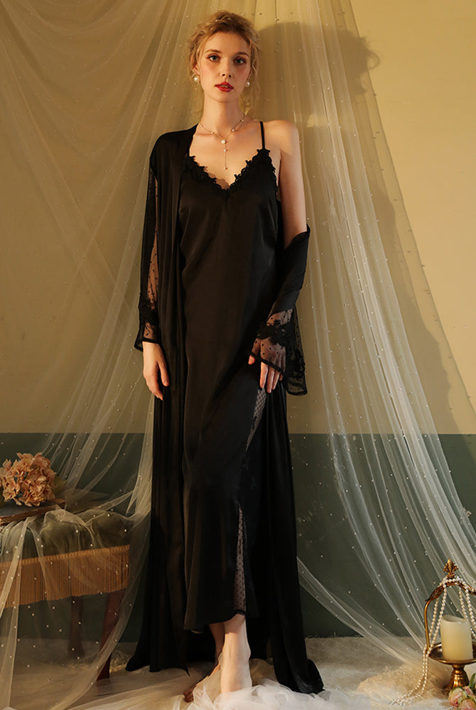 Black satin night robe and slip dress set with lace details, perfect for relaxing evenings