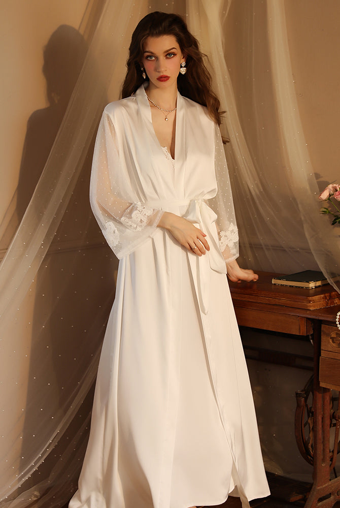 White satin night robe with lace sleeves, perfect for relaxing evenings, silky smooth material