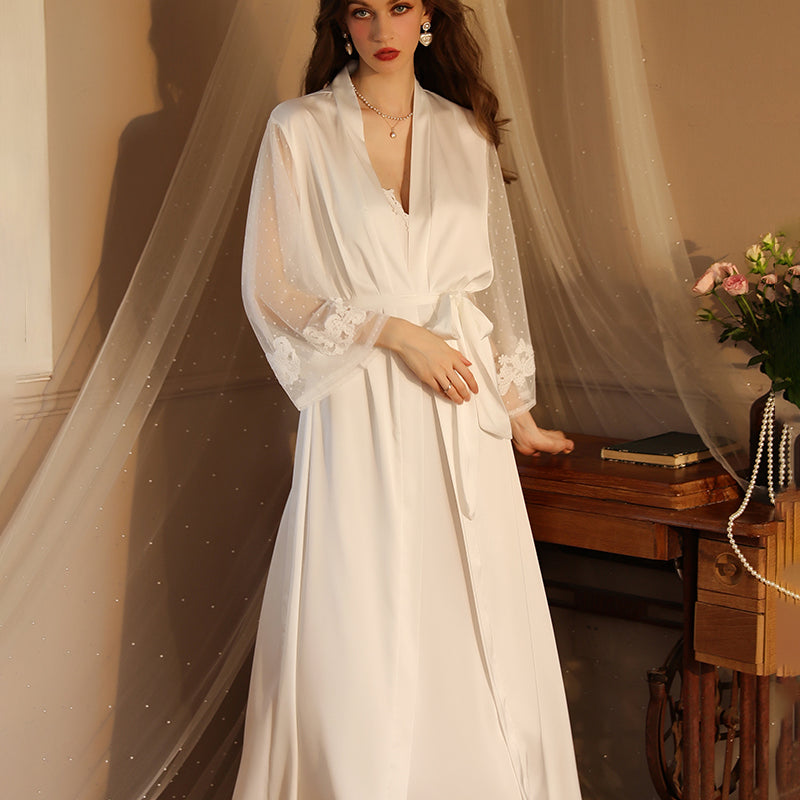 White satin night robe with lace sleeves, perfect for relaxing evenings, silky smooth material