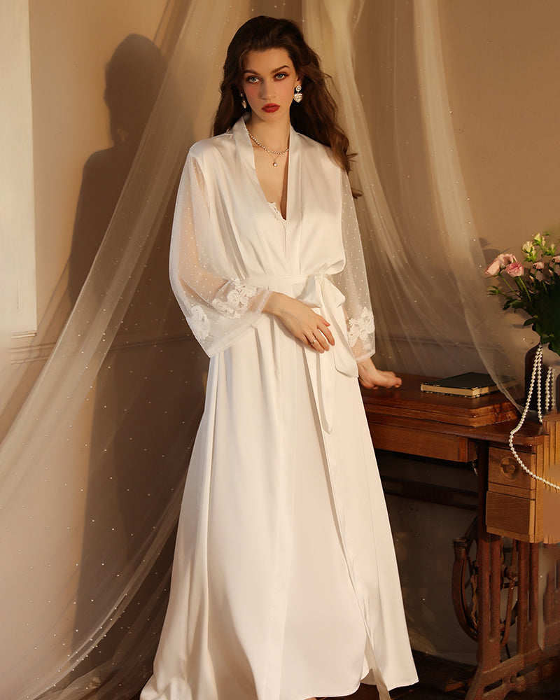 White satin night robe with lace sleeves, perfect for relaxing evenings, silky smooth material