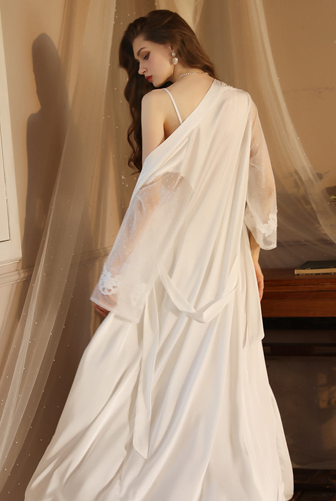 White satin night robe with lace sleeves, ideal for relaxing evenings, silky smooth material