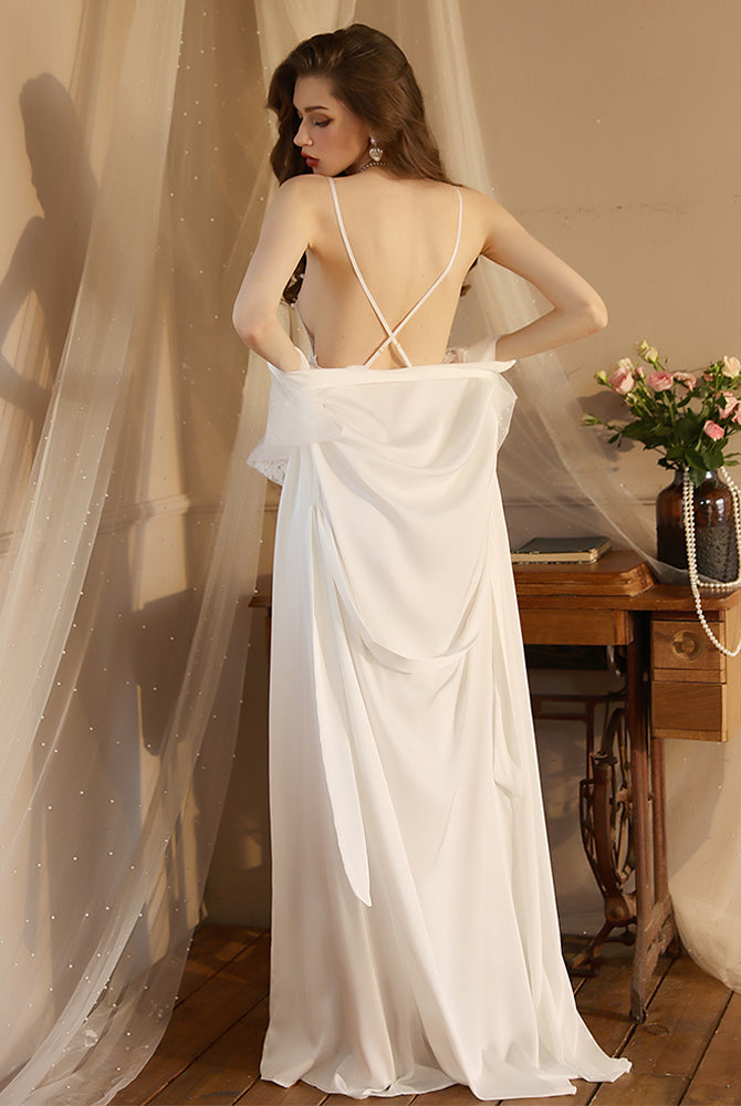 White satin night robe and slip dress set with lace details, ideal for relaxing evenings
