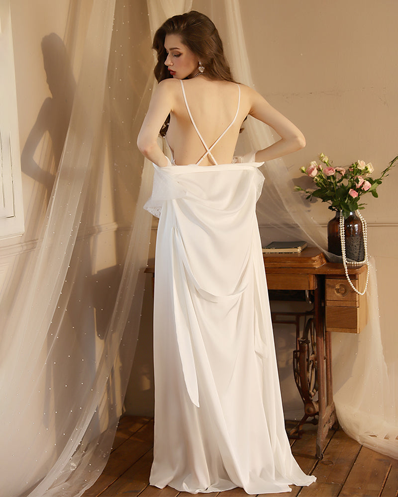 White satin night robe and slip dress set with lace details, ideal for relaxing evenings