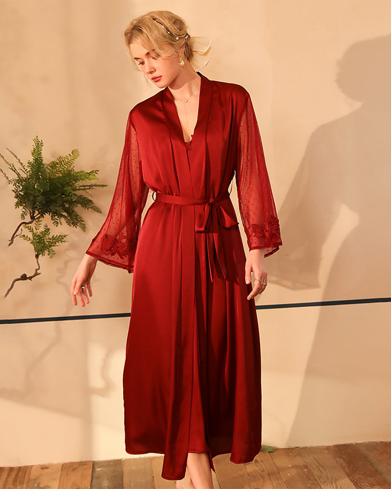 Burgundy satin night robe with lace sleeves, perfect for relaxing evenings, silky smooth material
