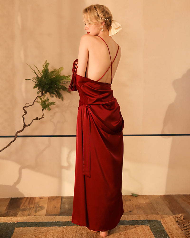 Burgundy satin night robe and slip dress set, perfect for relaxing evenings, silky smooth material
