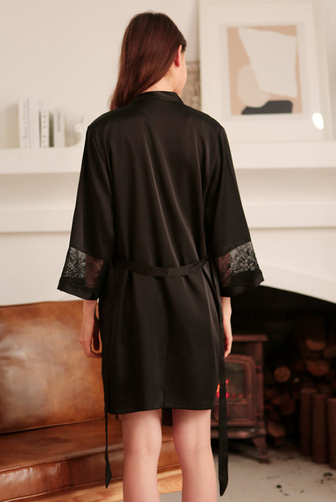 Black satin kimono robe set with lace trim, offering a comfortable and elegant style for women.