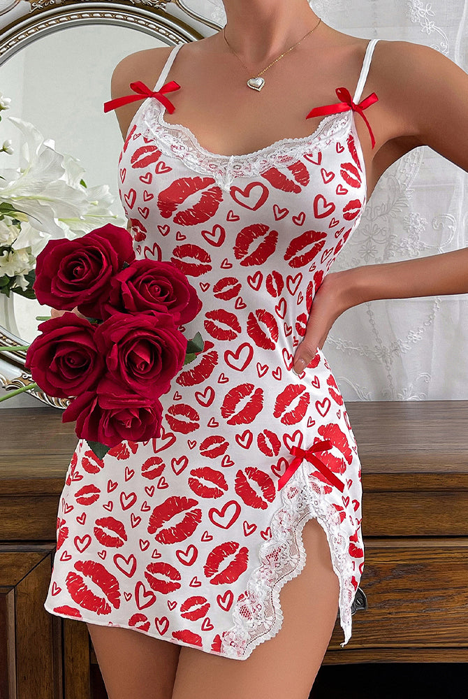Red lip heart print chemise, white with lace trim and bows. Sexy and romantic lingerie for women.