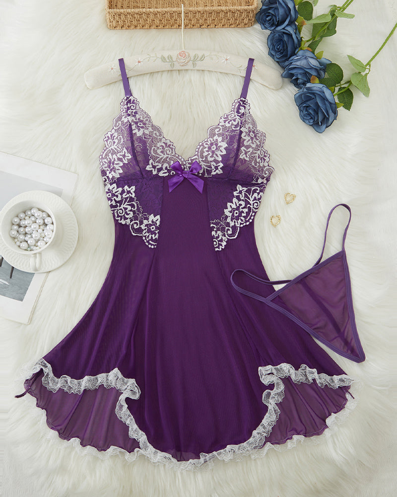 Purple asymmetric babydoll lingerie set with contrast lace and low-rise thong