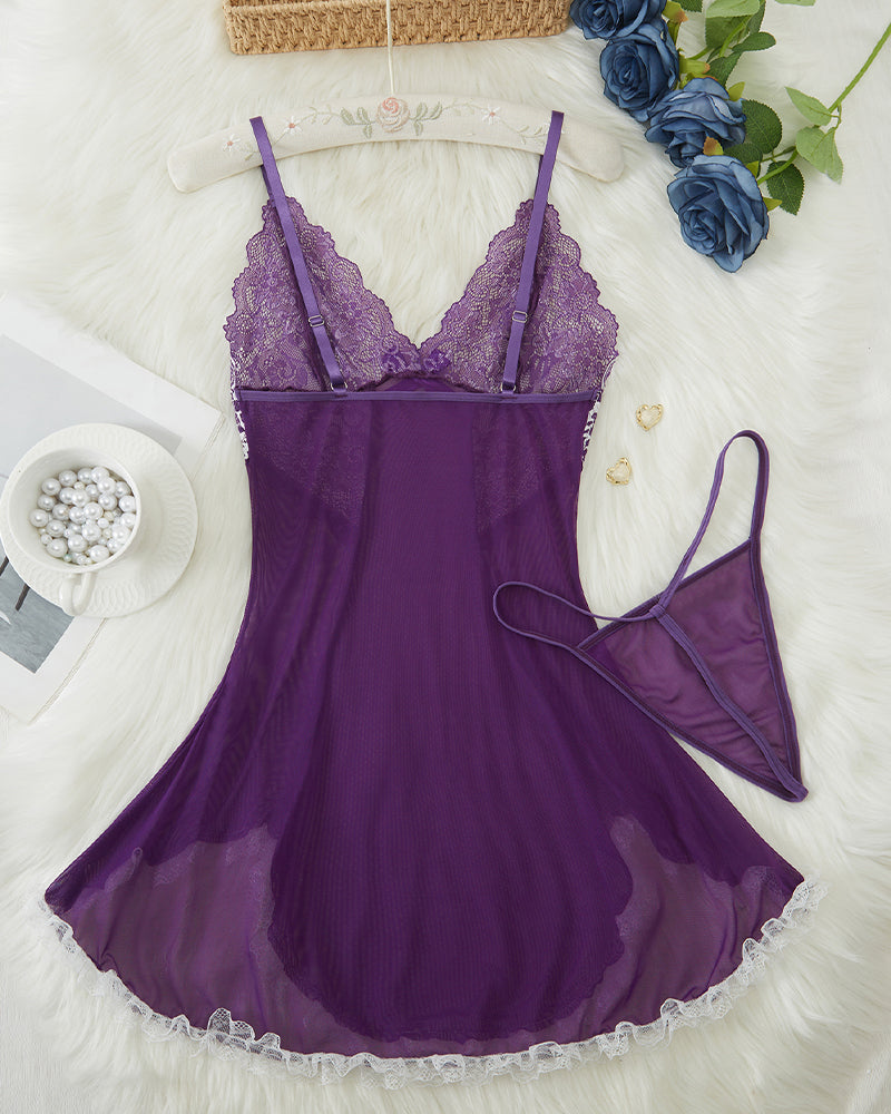 Purple lace asymmetric babydoll lingerie set with low-rise thong