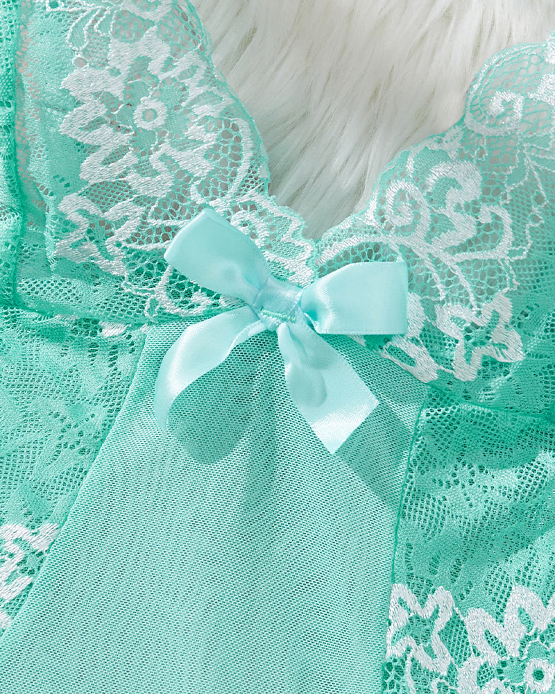 Mint green Contrast Lace Asymmetric Babydoll with white lace trim and bow detail. Sexy lingerie.
