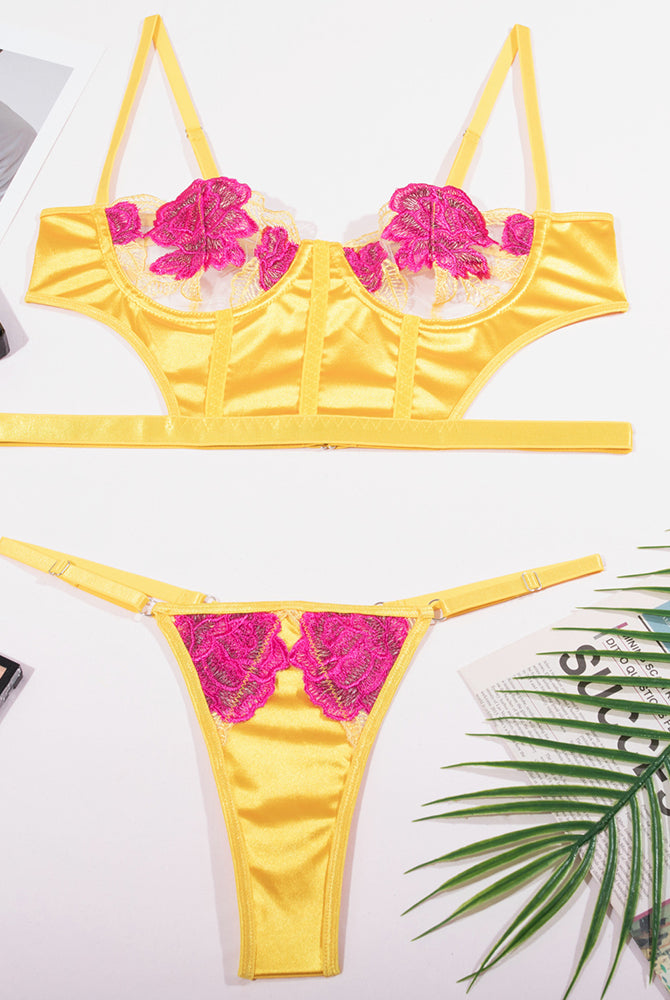 Yellow Rose Embroidery Lingerie Set with adjustable straps, sheer mesh, and rose embroidery.