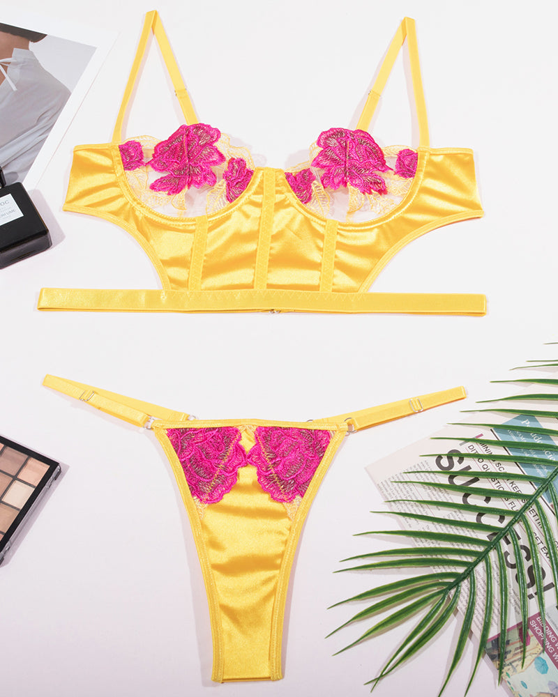 Yellow Rose Embroidery Lingerie Set with adjustable straps, sheer mesh, and rose embroidery.