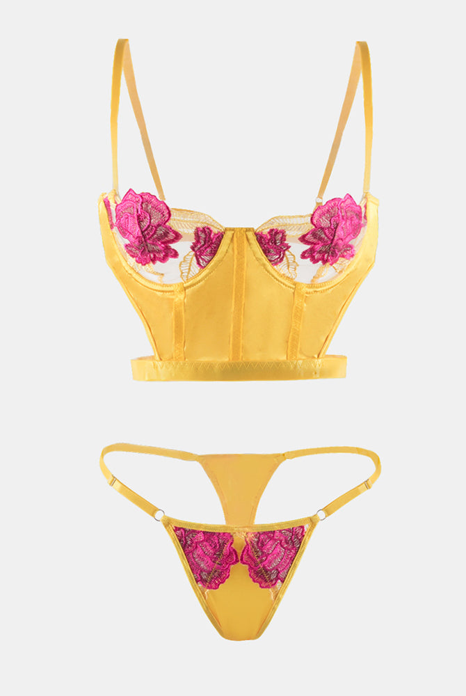 Yellow Rose Embroidery Lingerie Set with adjustable straps and sheer mesh details.