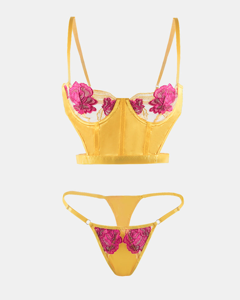 Yellow Rose Embroidery Lingerie Set with adjustable straps and sheer mesh details.