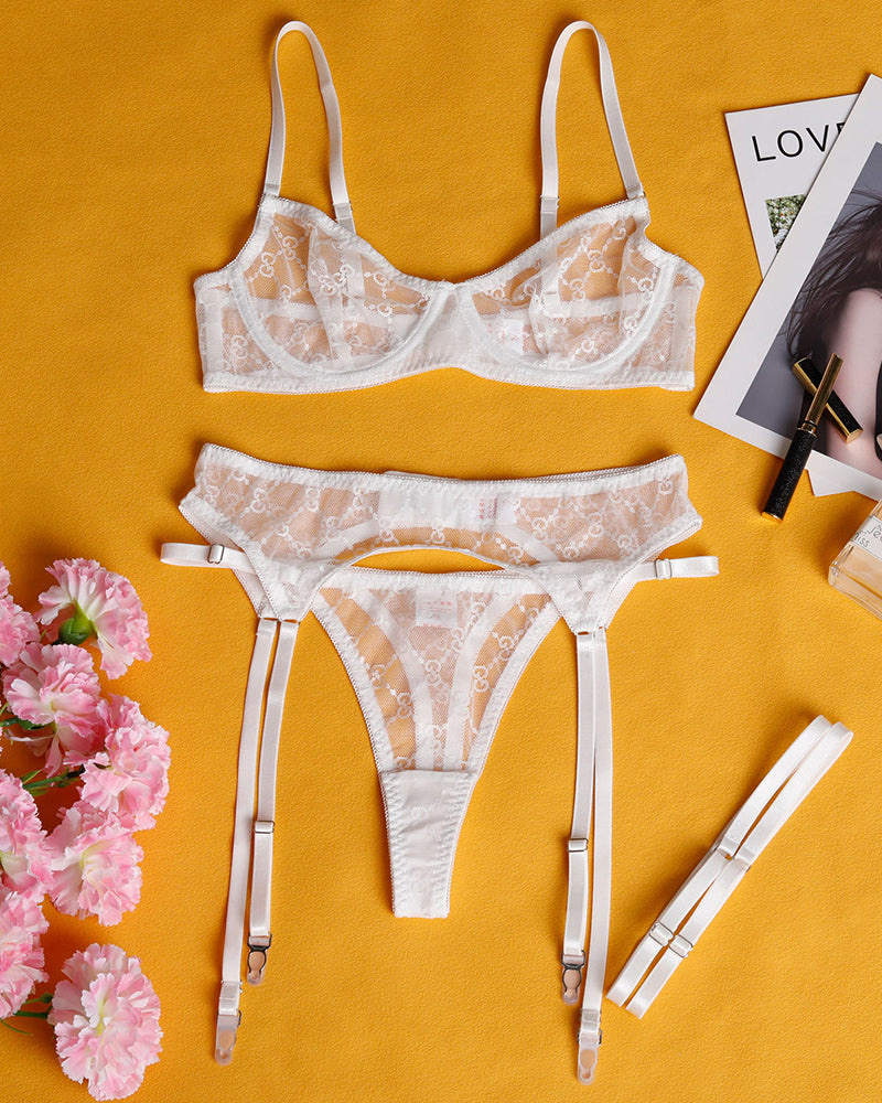 White chain sheer lace lingerie set with bra, garter belt, and thong. Sweet and seductive design.