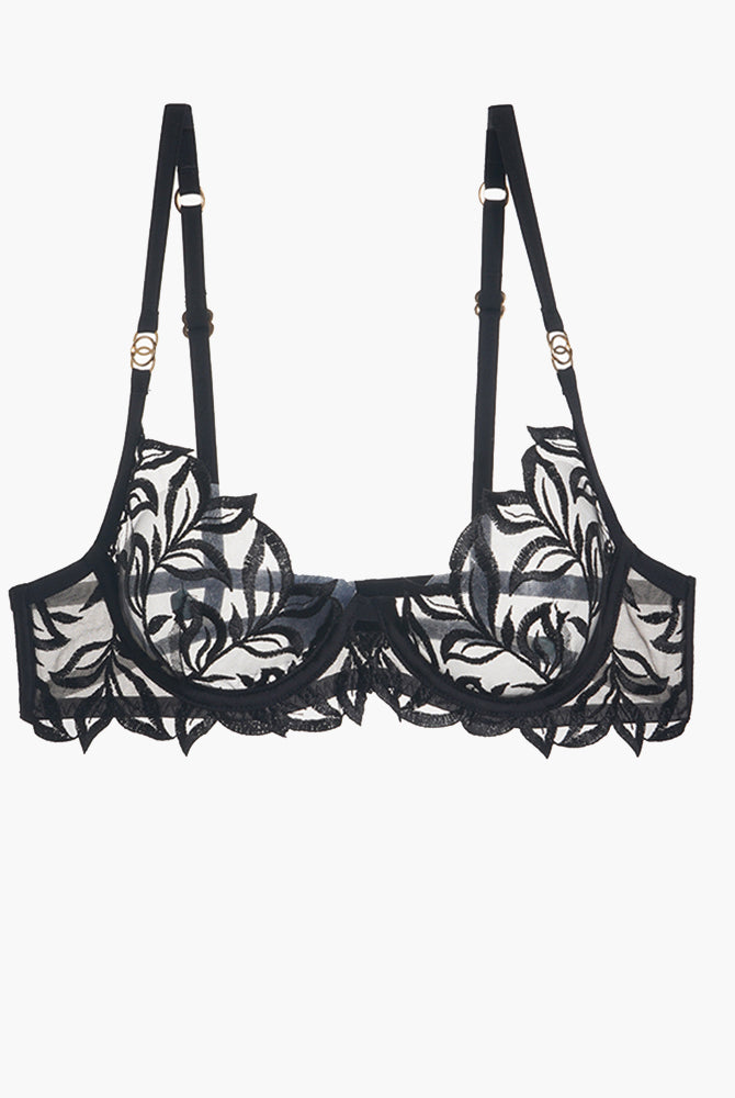 Black embroidered lace bra with floral design, adjustable straps, and underwire