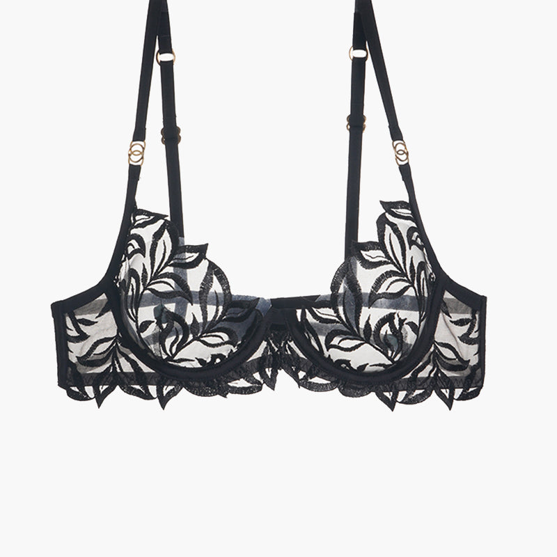 Black embroidered lace bra with floral design, adjustable straps, and underwire