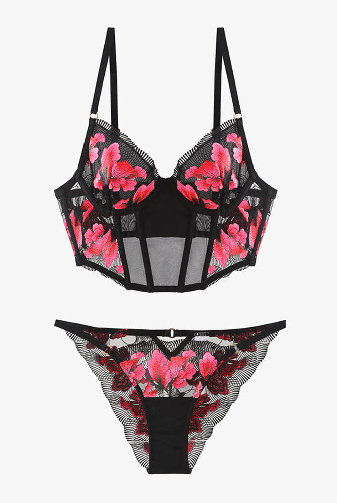 Black embroidered corset bra and panty set with pink floral details, sweet yet seductive lingerie