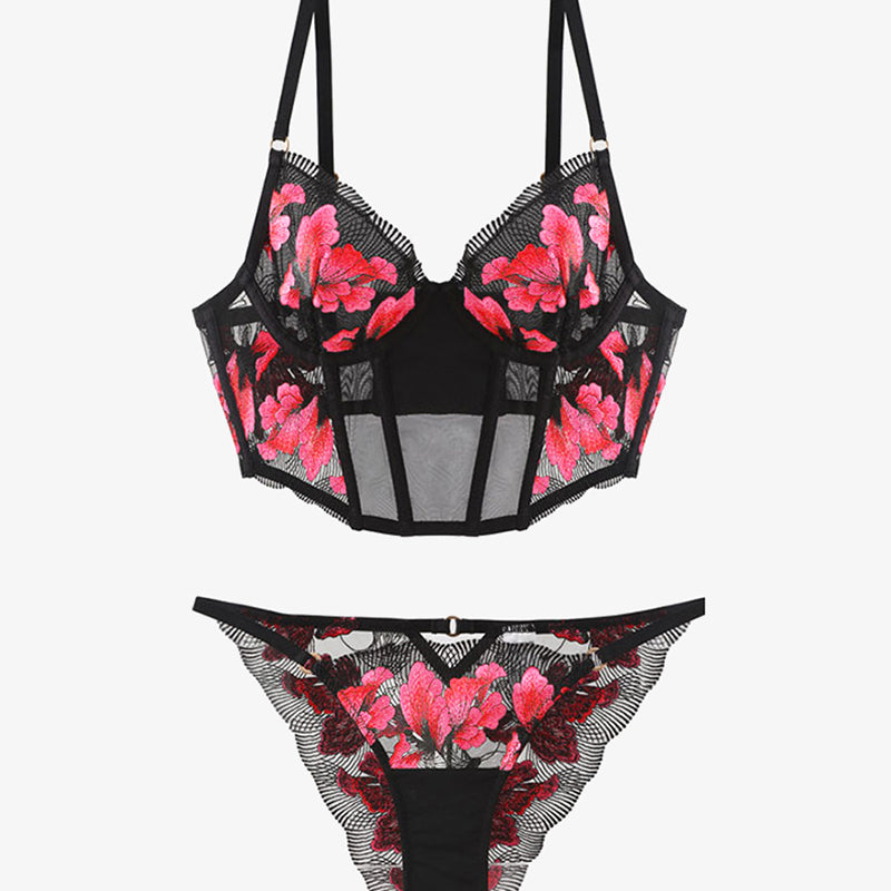Black embroidered corset bra and panty set with pink floral details, sweet yet seductive lingerie