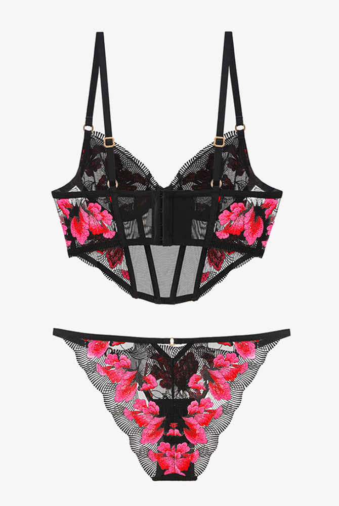 Black embroidered corset bra and panty set with pink floral design. Sweet and seductive lingerie.