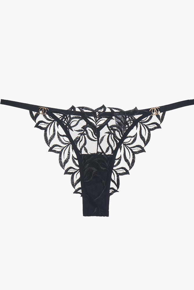 Black embroidered lace thong panty with floral design, sweet and seductive lingerie