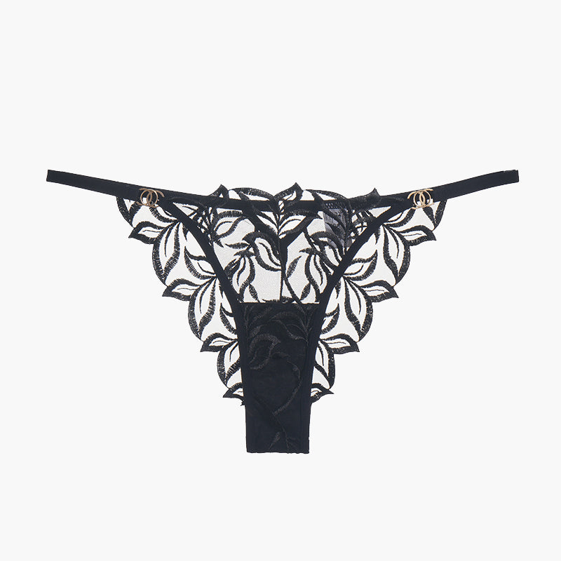 Black embroidered lace thong panty with floral design, sweet and seductive lingerie