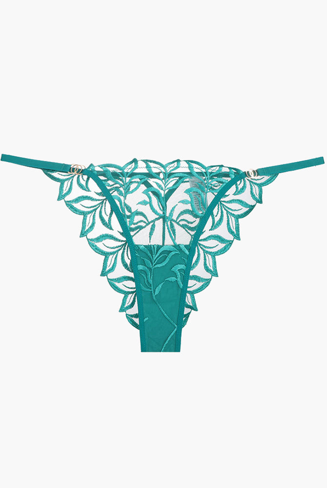 Teal embroidered lace thong panty with floral embroidery, soft and breathable, sweet yet seductive.