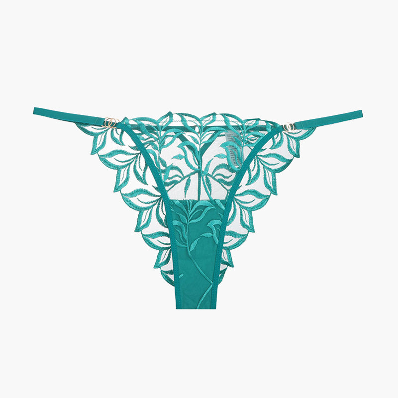 Teal embroidered lace thong panty with floral embroidery, soft and breathable, sweet yet seductive.