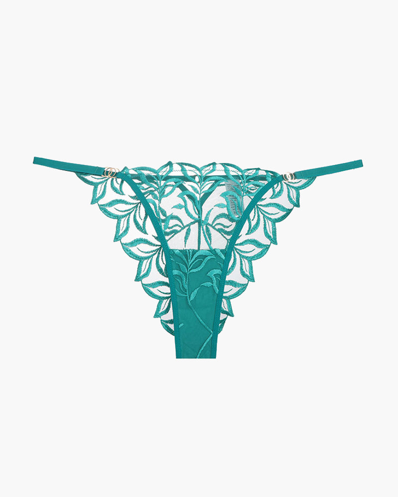 Teal embroidered lace thong panty with floral embroidery, soft and breathable, sweet yet seductive.