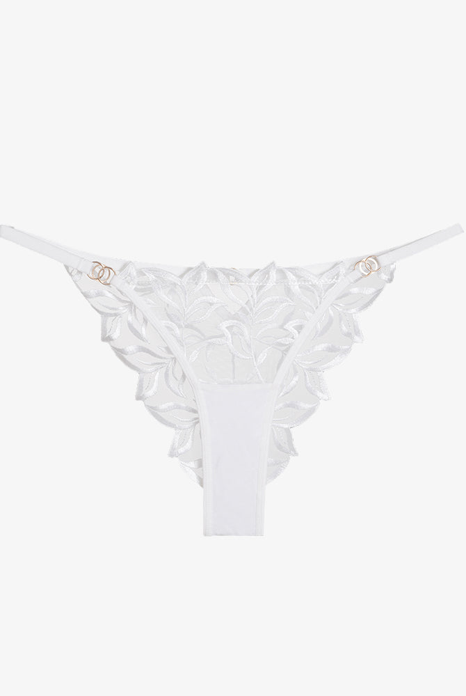 White embroidered lace thong panty with floral embroidery, soft and breathable lingerie