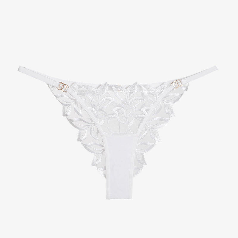 White embroidered lace thong panty with floral embroidery, soft and breathable lingerie