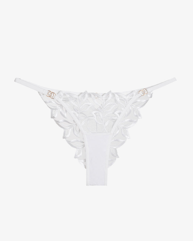 White embroidered lace thong panty with floral embroidery, soft and breathable lingerie